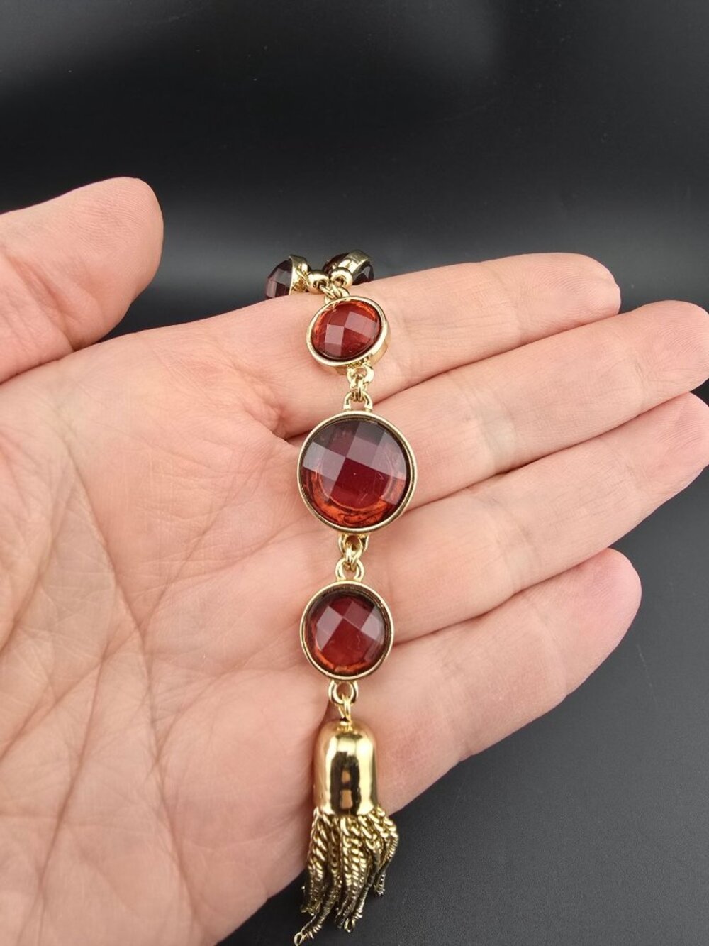 Banana Republic Faceted Red Stone "Y" Tassel Gold-Tone Tassel Bold Statement - Picture 7 of 9